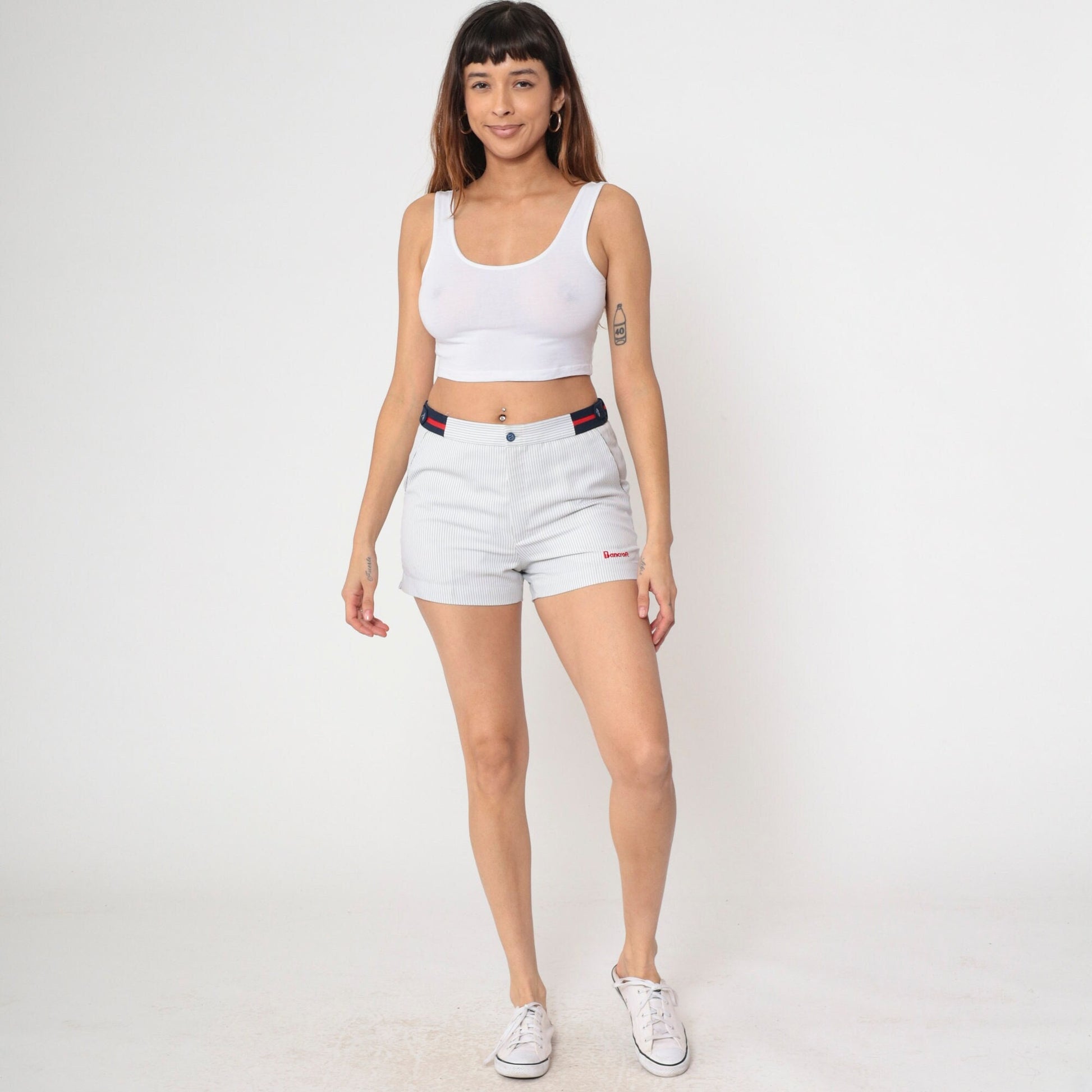 80s Bancroft Sport Pinstripe Tennis Shorts White High Waisted Small