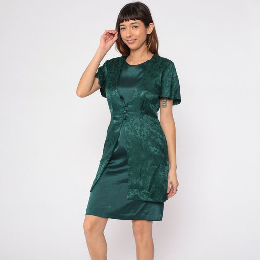 90s Olivia Rose Dark Green Floral Embossed Vest Dress Mini Pencil Medium