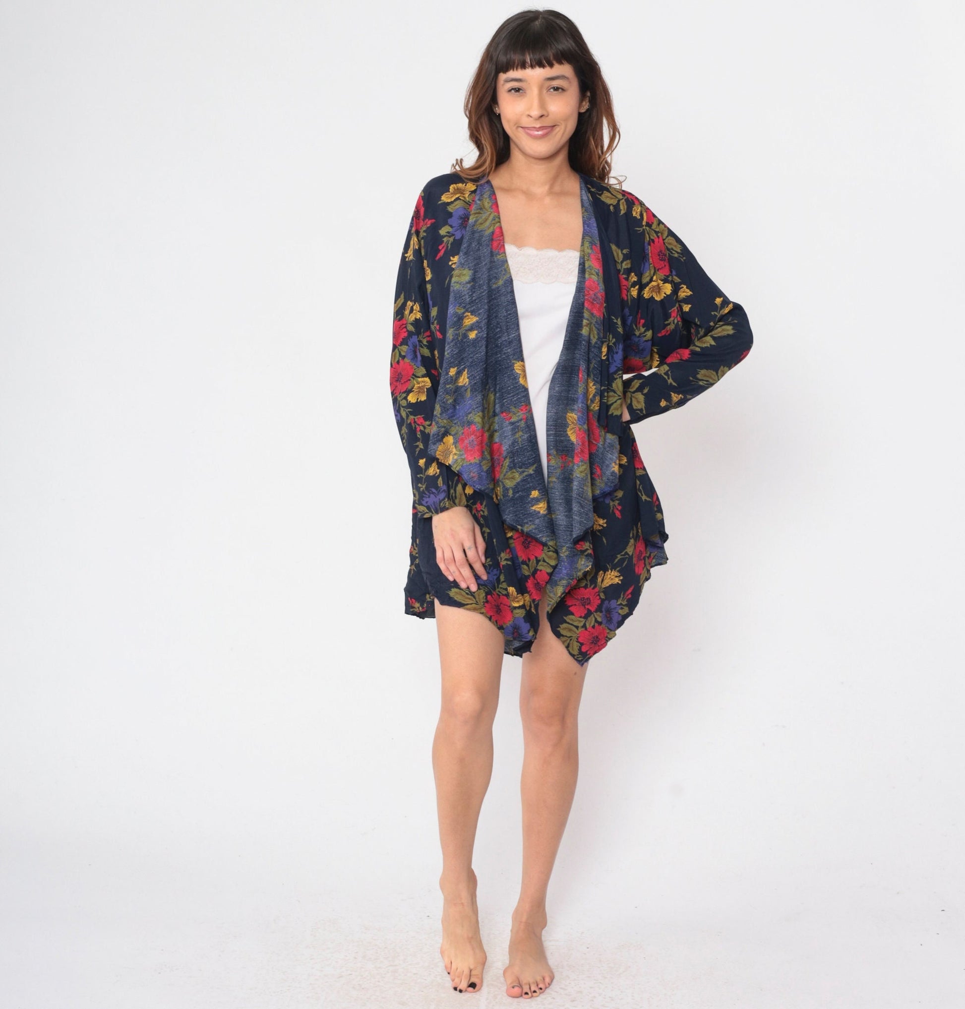 90s Navy Floral Open-Front Cardigan Jacket Waterfall Rayon Large