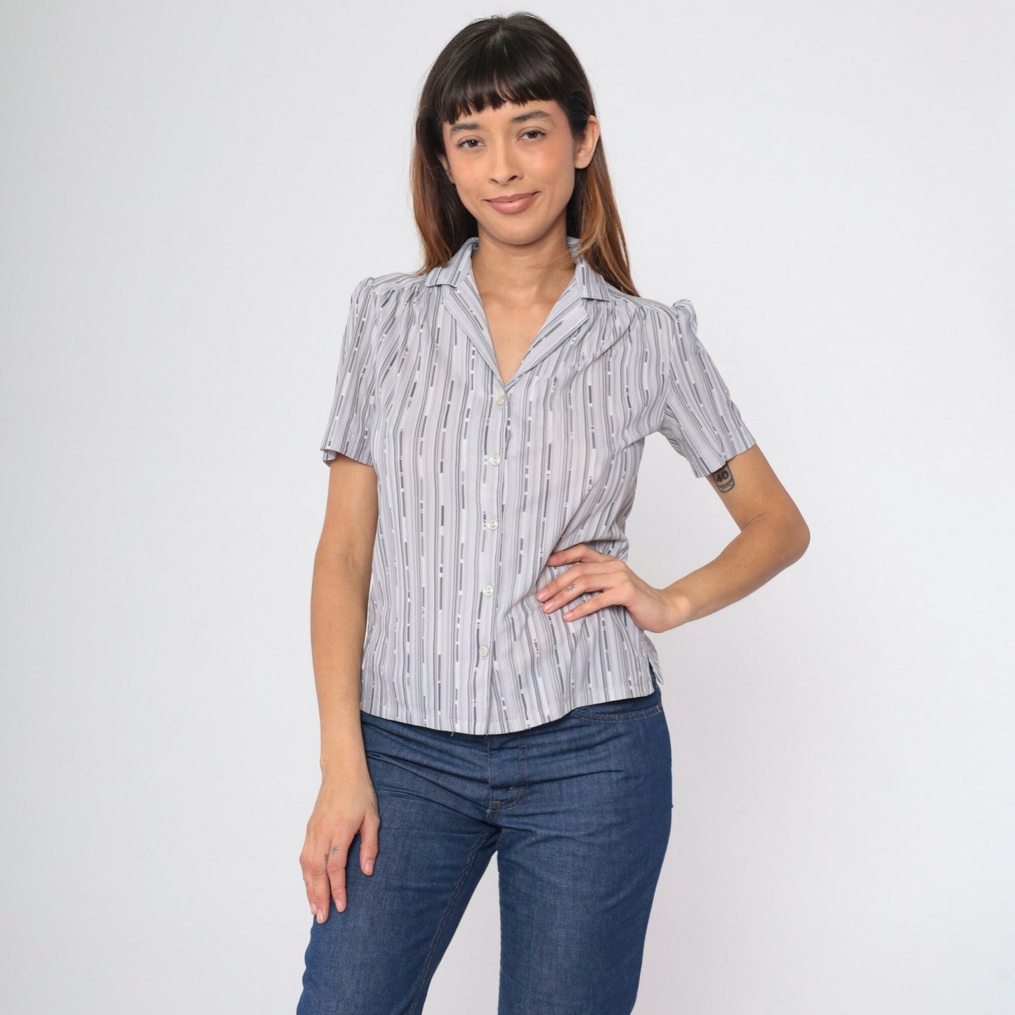 70s Puff Sleeve Button-Up Blouse Grey Broken Stripe Shirt Small S