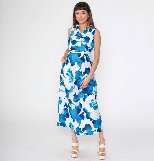 70s Hawaiian Floral Maxi Dress Empire Waist Ruffle V-Neck Sleeveless Blue Small