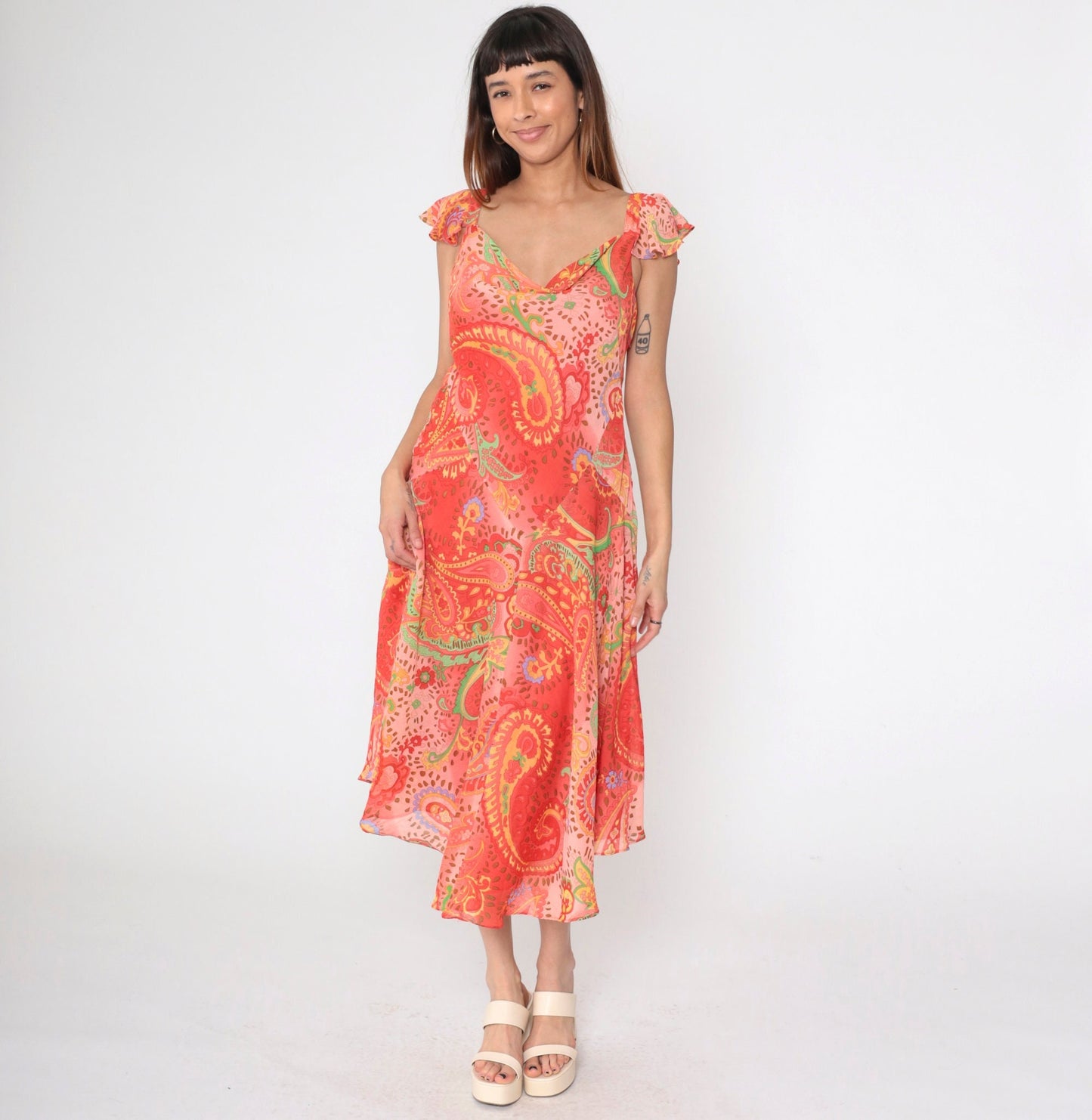 Y2K Paisley Midi Dress Coral Pink Flutter Sleeve Cowl Neck Large 14