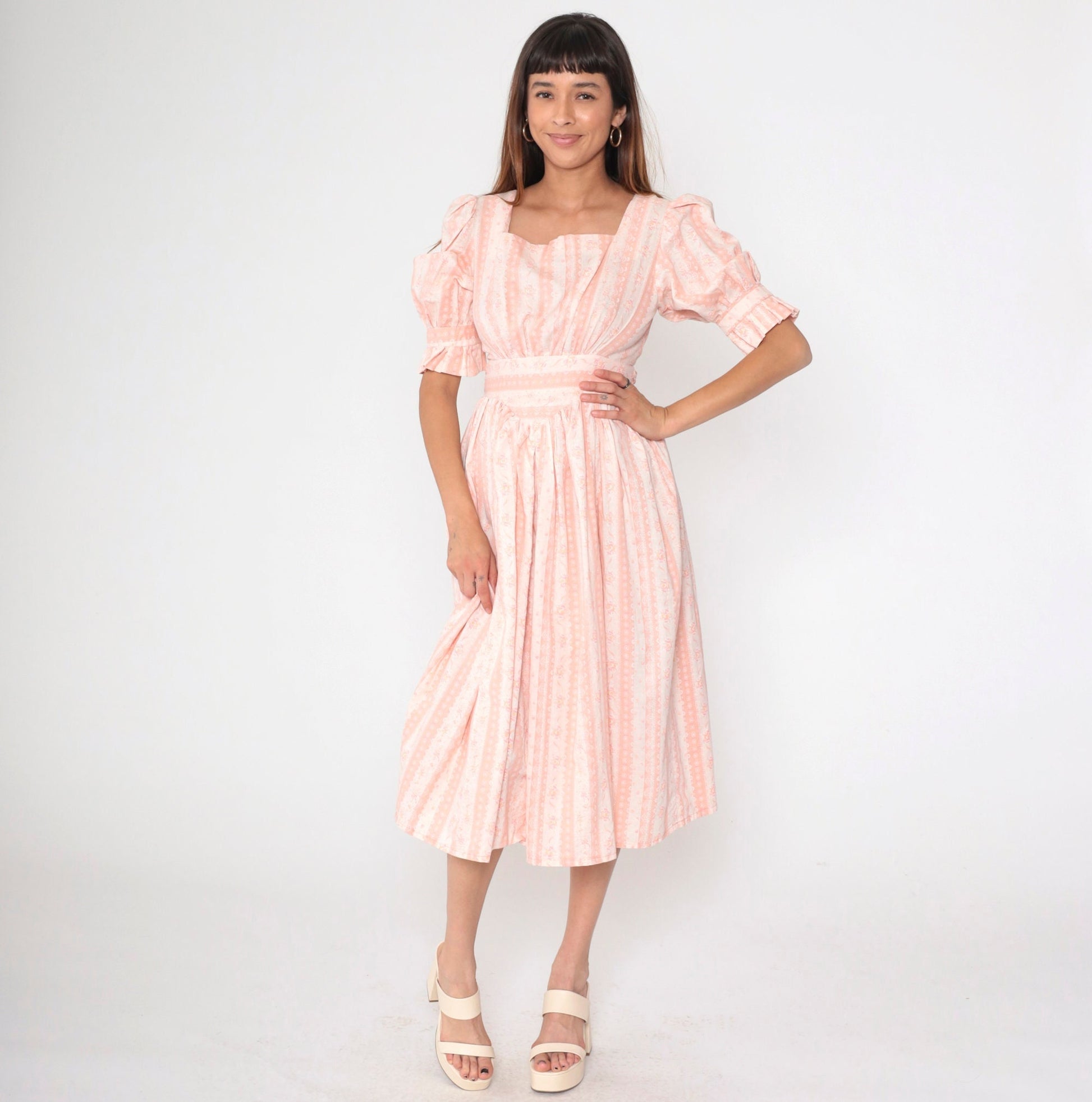 70s Pink Floral Midi Dress Puff Sleeve High Waist Small