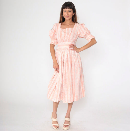 70s Pink Floral Midi Dress Puff Sleeve High Waist Small