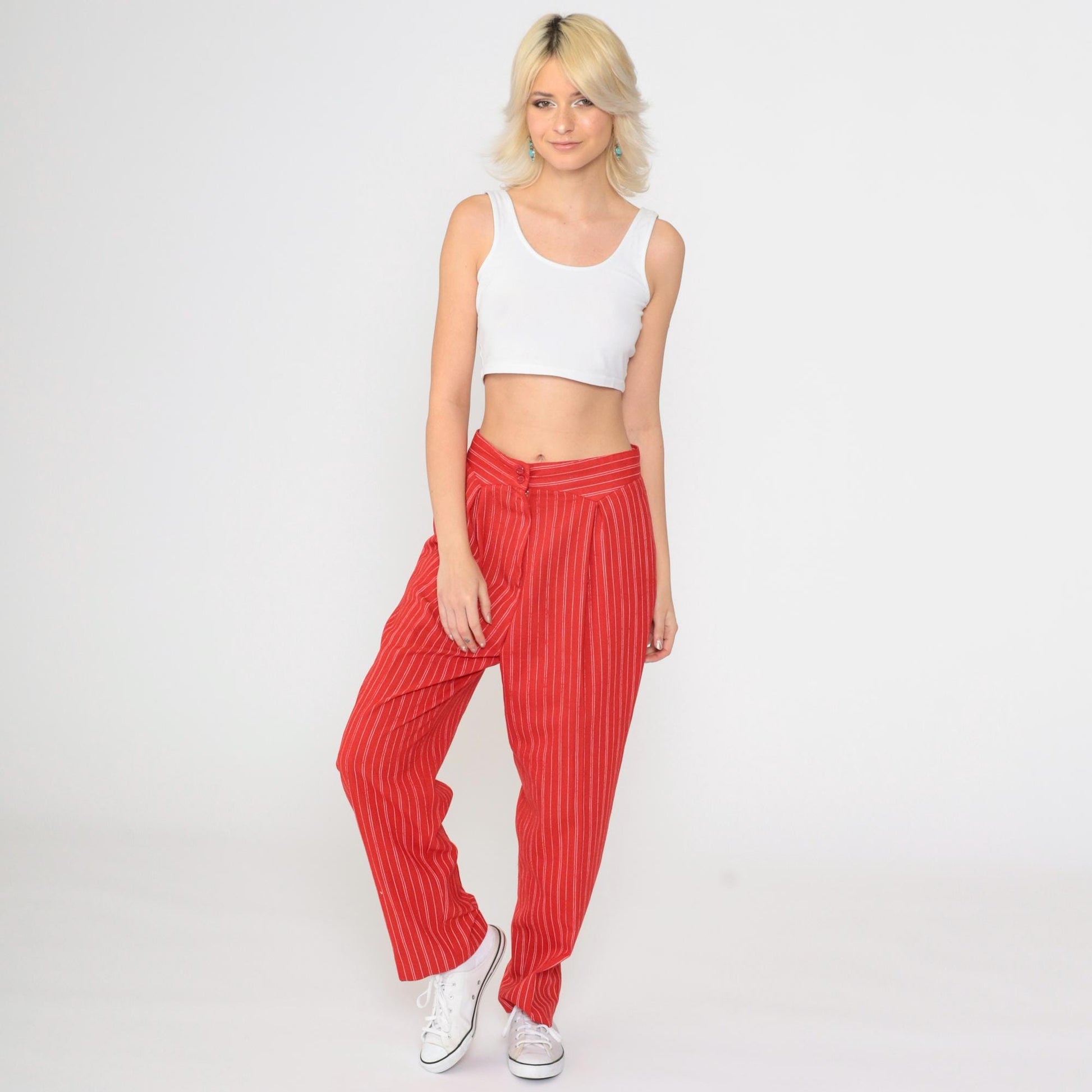 80s Red Pinstripe Pleated High-Waisted Trousers Tapered Leg Small