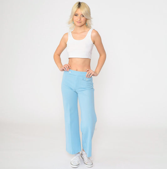 70s Baby Blue Polyester High Waist Bell Bottom Flared Trousers Small