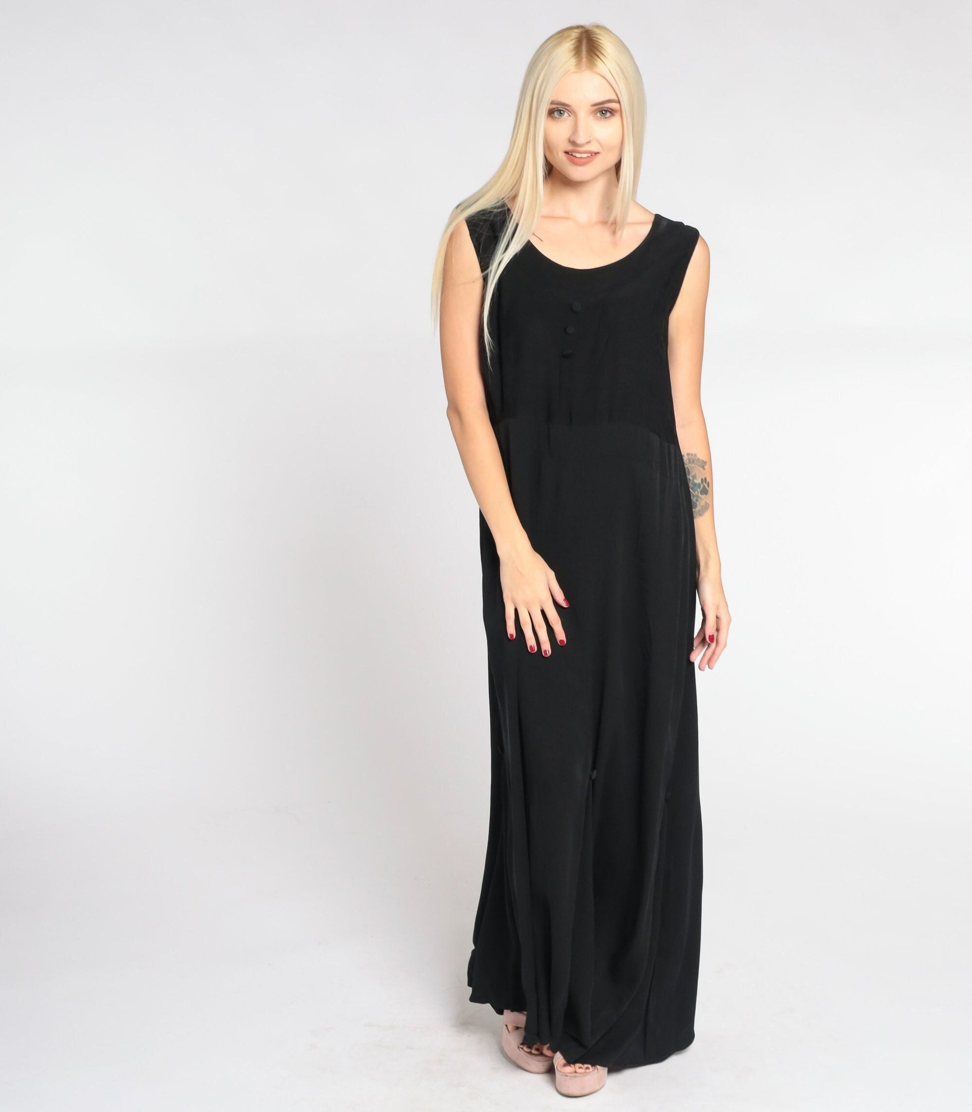 90s Black Maxi Dress Sleeveless High Waist Decorative Buttons Small
