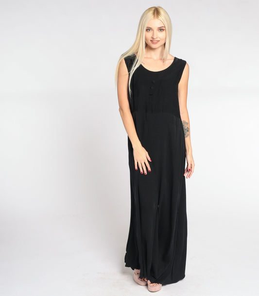 90s Black Maxi Dress Sleeveless High Waist Decorative Buttons Small