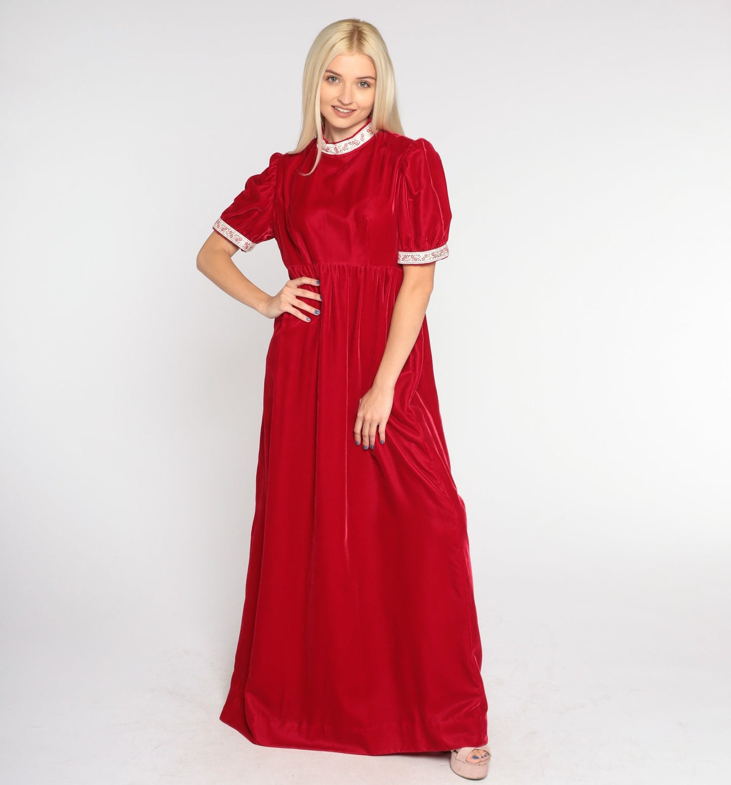 70s Red Velvet Maxi Dress Puff Sleeve High Waist Floral Ribbon Trim Small