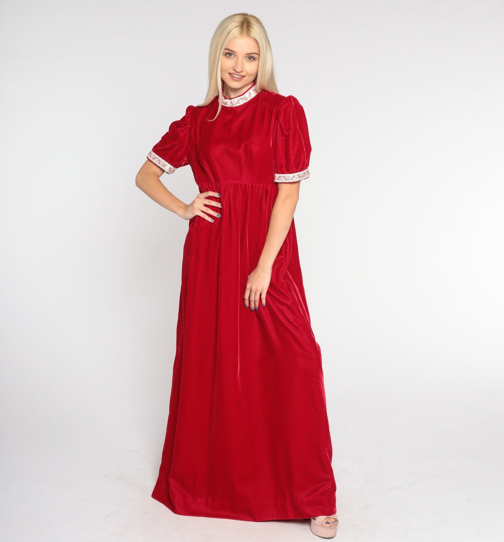 70s Red Velvet Maxi Dress Puff Sleeve High Waist Floral Ribbon Trim Small