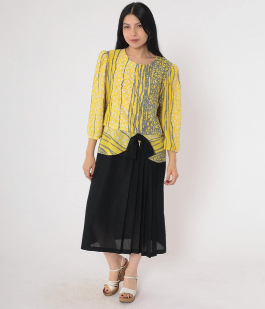 80s Yellow Leopard Striped Midi Dress Puff Sleeve Peplum Bow Drop Waist Large