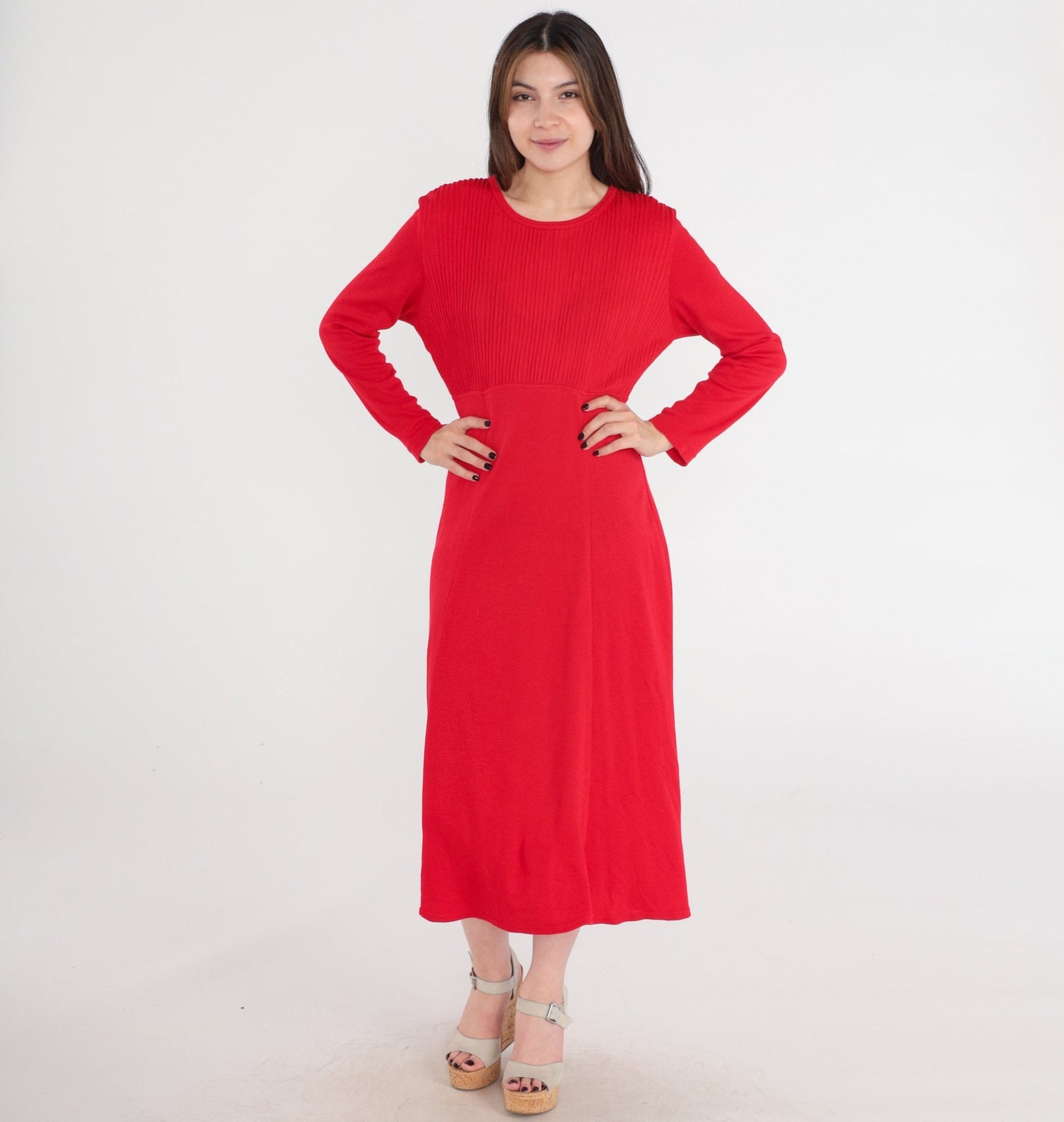 80s Red Midi Dress High Waist Pleated Long Sleeve Medium