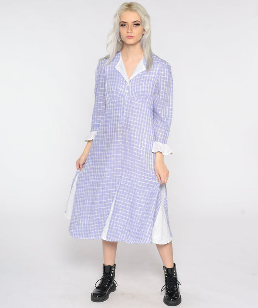 70s Purple Checkered Dress Puff Sleeve Empire Waist Midi Small