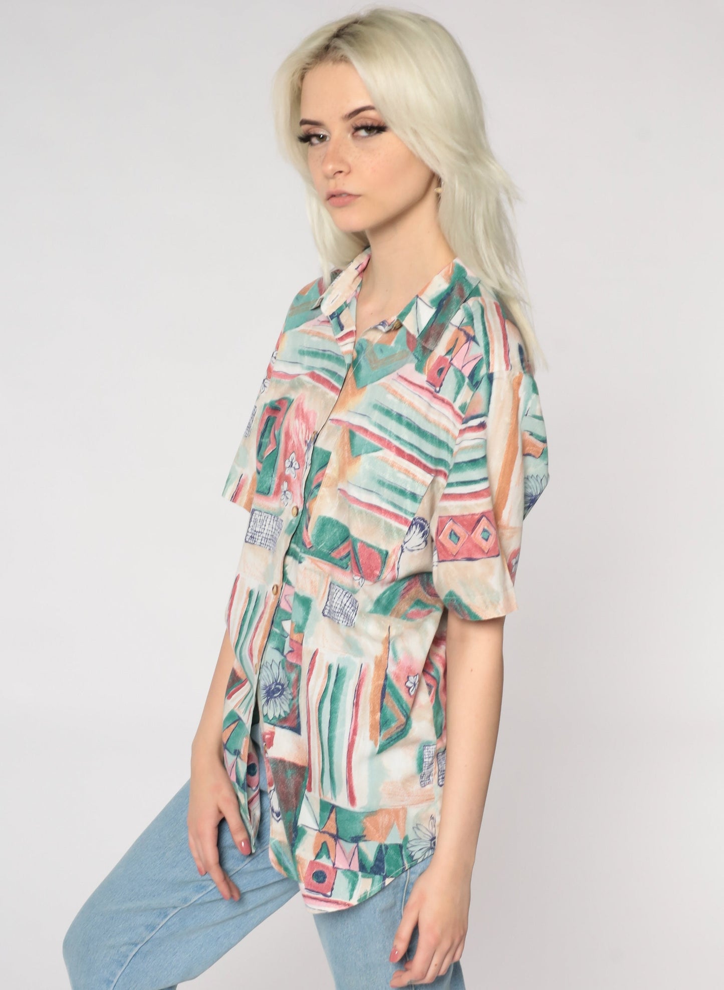 90s Geometric Floral Button-Up Blouse Red Green Abstract Print Medium
