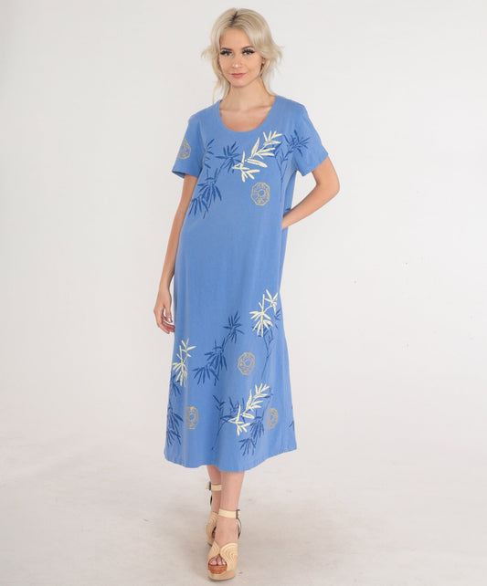 90s Bamboo Chinese Hanzi Print Cotton Midi Dress Blue Short Sleeve Large L