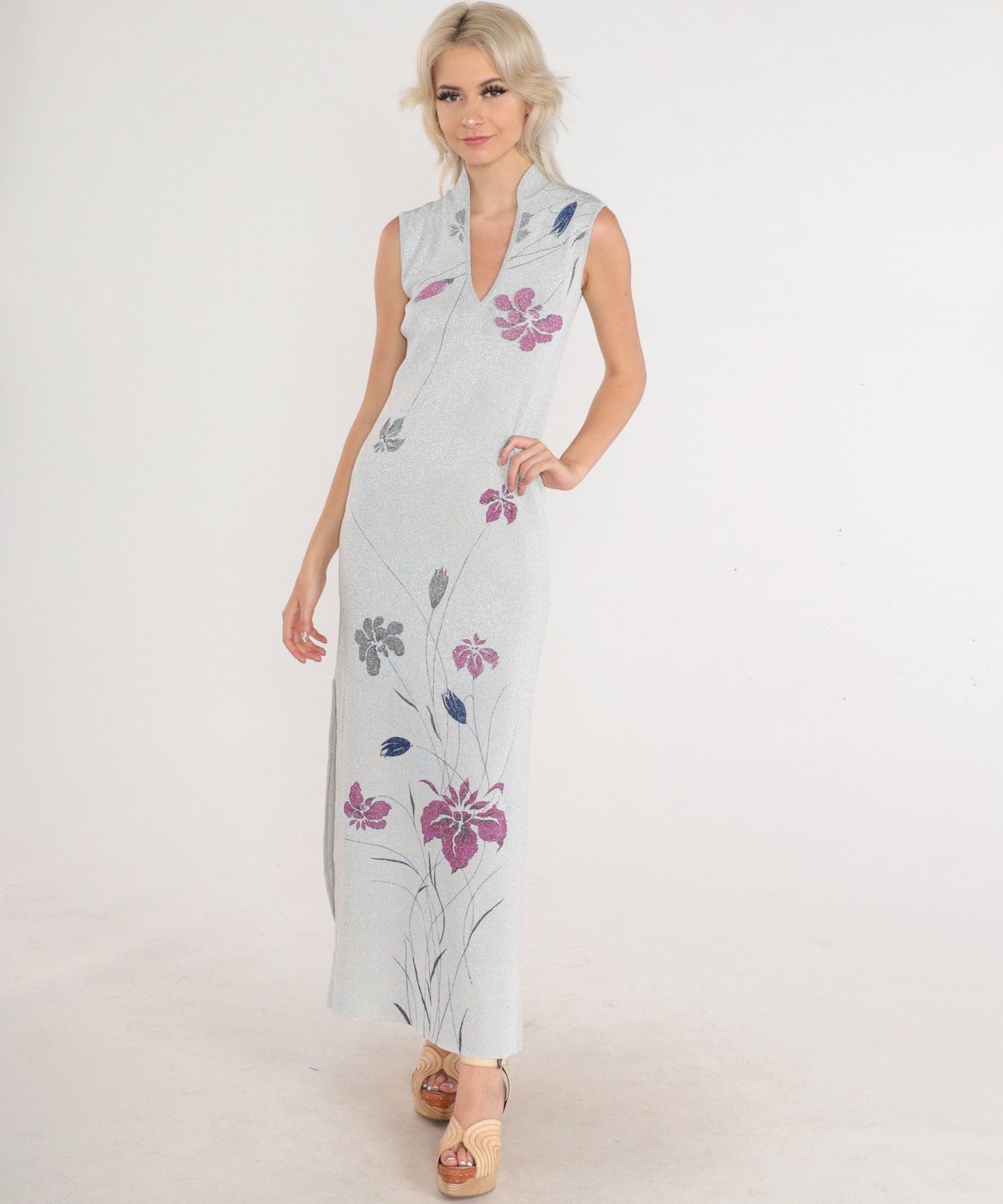 70s Metallic Silver Floral Maxi Gown V-Neck Sleeveless Side Slit Evening Dress XS