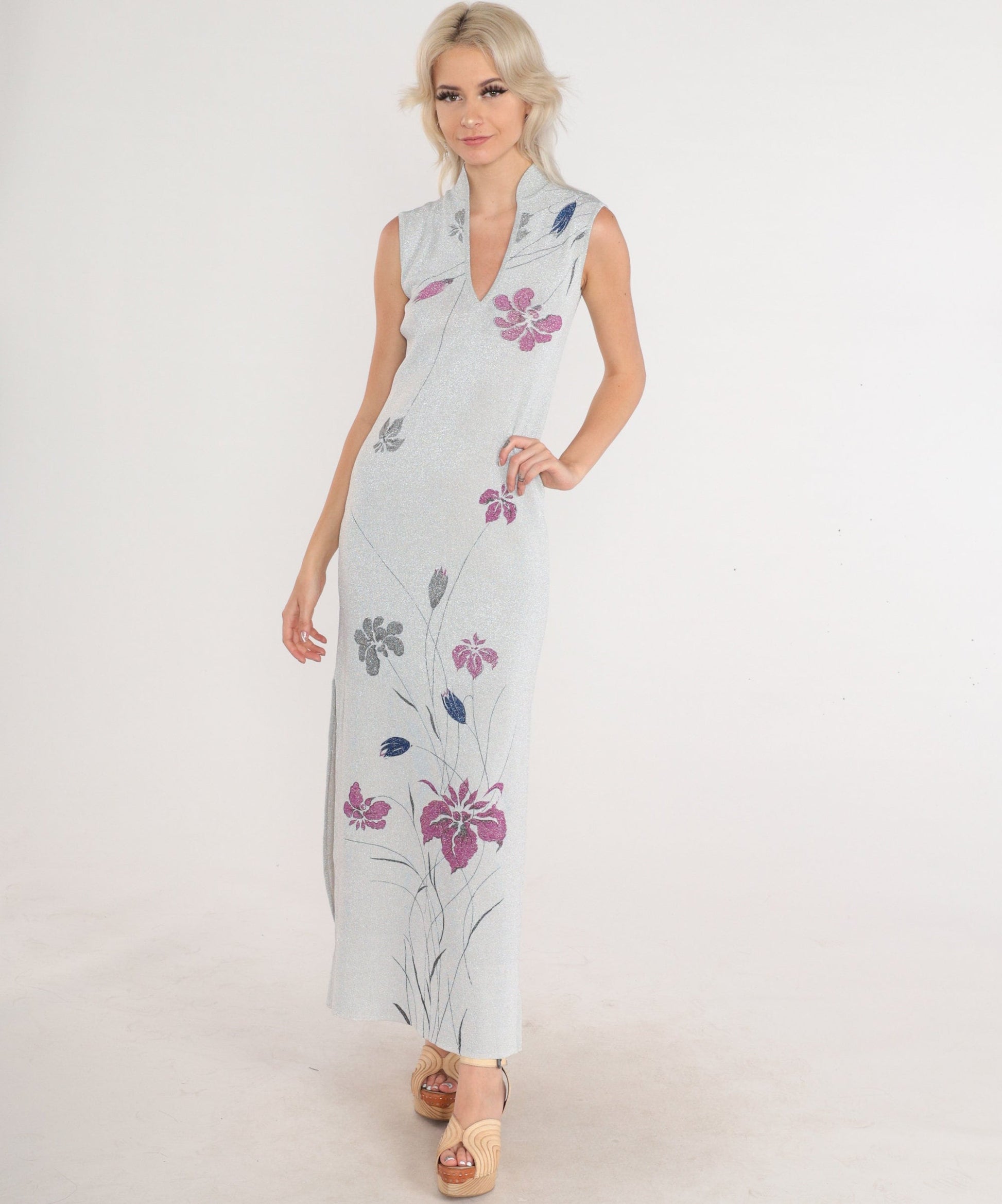 70s Metallic Silver Floral Maxi Gown V-Neck Sleeveless Side Slit Evening Dress XS