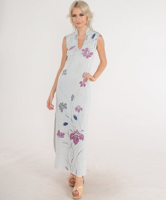 70s Metallic Silver Floral Maxi Gown V-Neck Sleeveless Side Slit Evening Dress XS