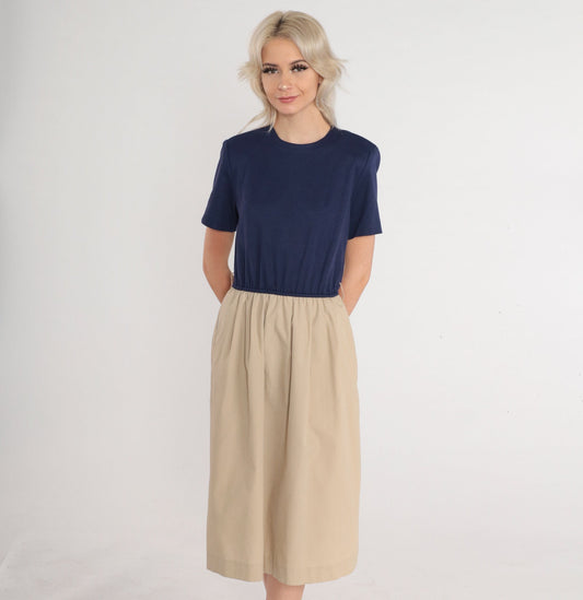 80s Colorblock Midi Dress Navy Tan High Waist Short Sleeve Medium