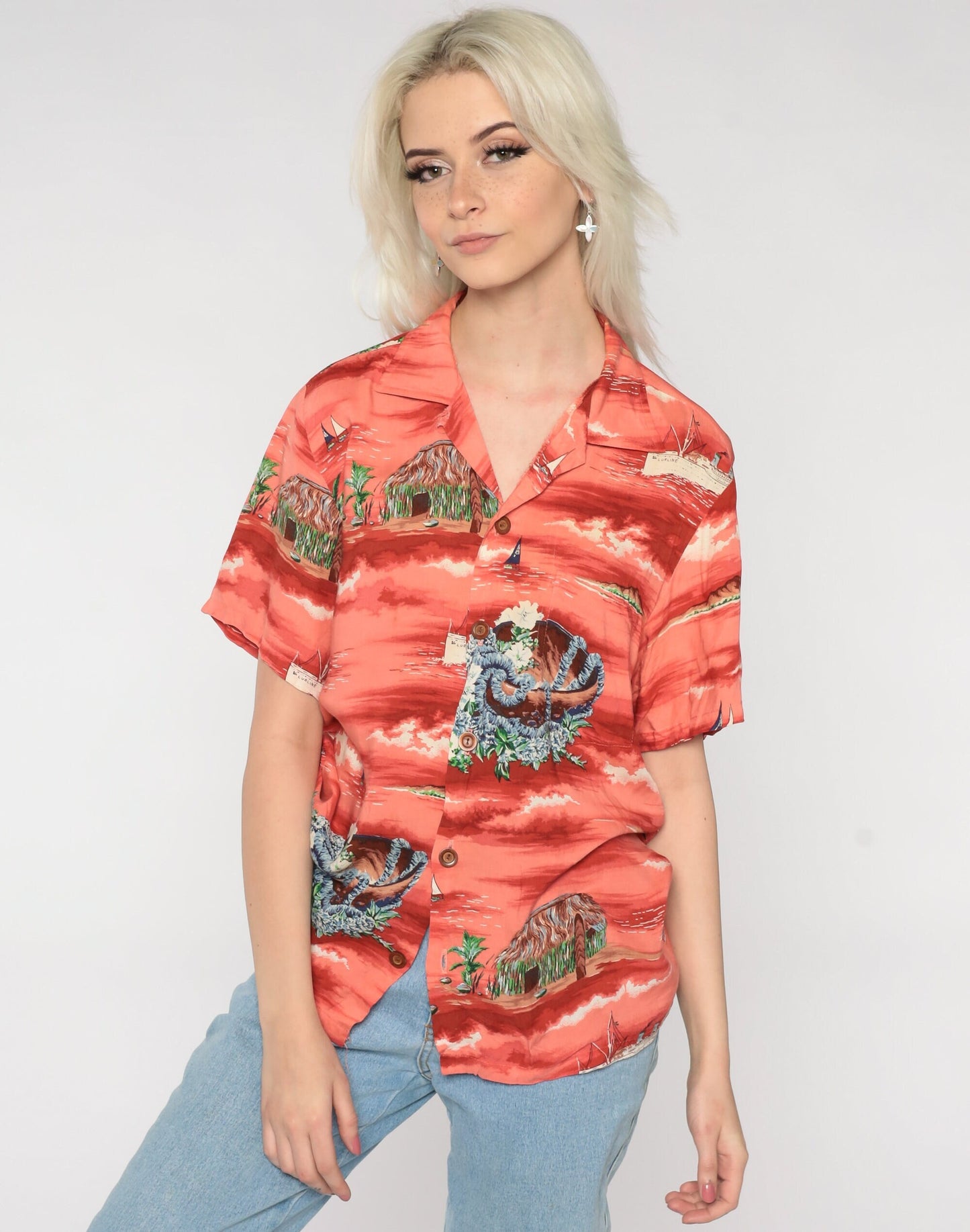 90s Ocean Pacific Hawaiian Shirt Red Tropical Print Button Up Medium