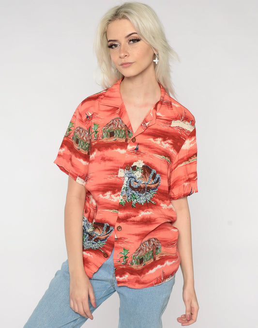 90s Ocean Pacific Hawaiian Shirt Red Tropical Print Button Up Medium