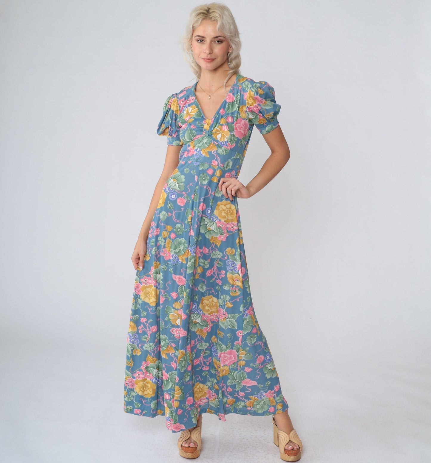 70s Blue Floral Maxi Dress Empire Waist Puff Sleeve V Neck Extra Small