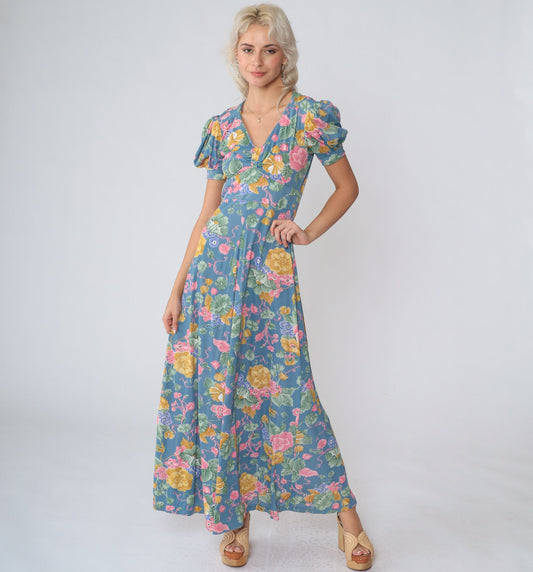 70s Blue Floral Maxi Dress Empire Waist Puff Sleeve V Neck Extra Small