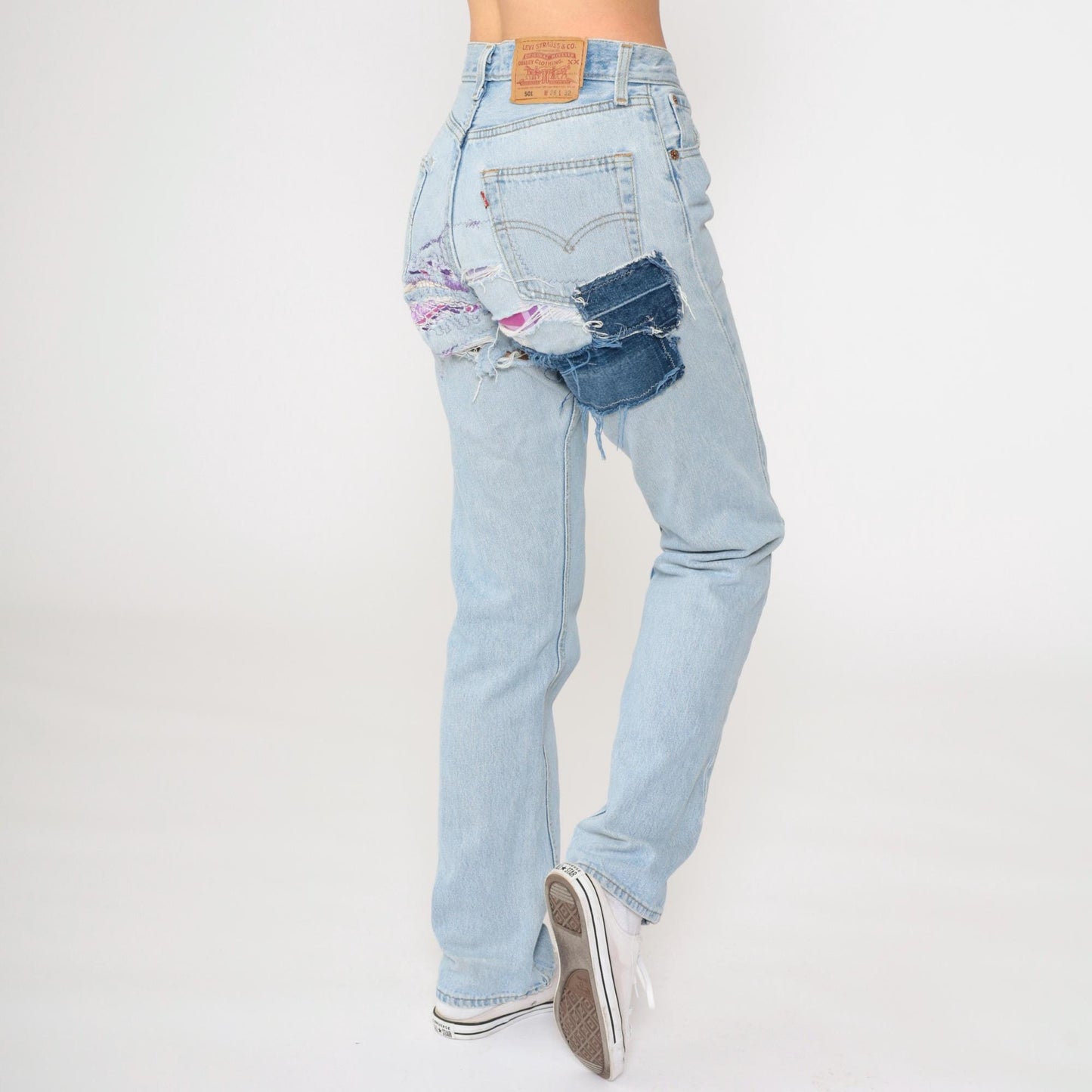 90s Levi's 501 Straight Leg Jeans Blue Distressed Ripped Patches Small W28 L32