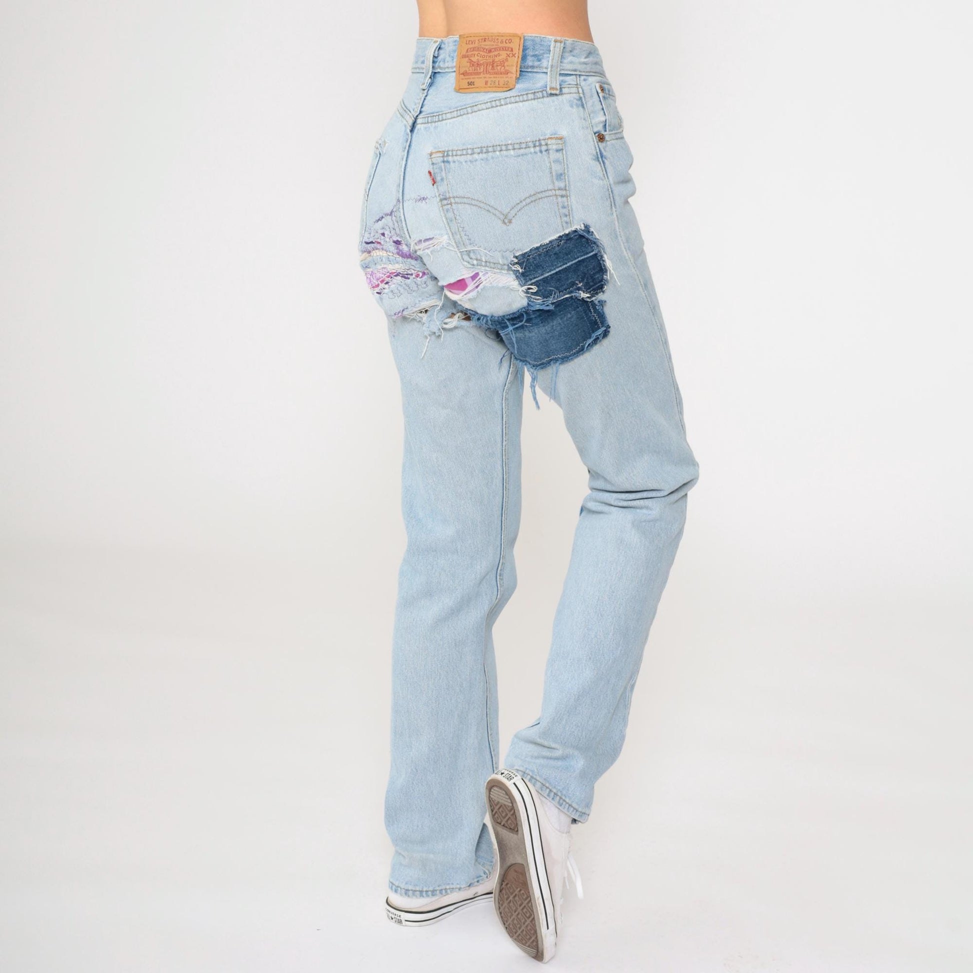 90s Levi's 501 Straight Leg Jeans Blue Distressed Ripped Patches Small W28 L32