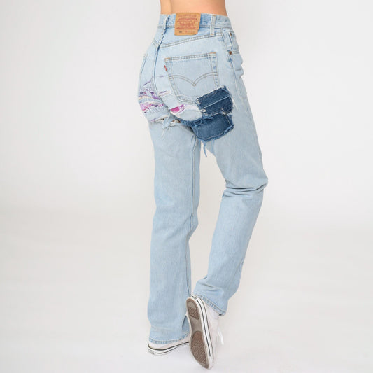 90s Levi's 501 Straight Leg Jeans Blue Distressed Ripped Patches Small W28 L32