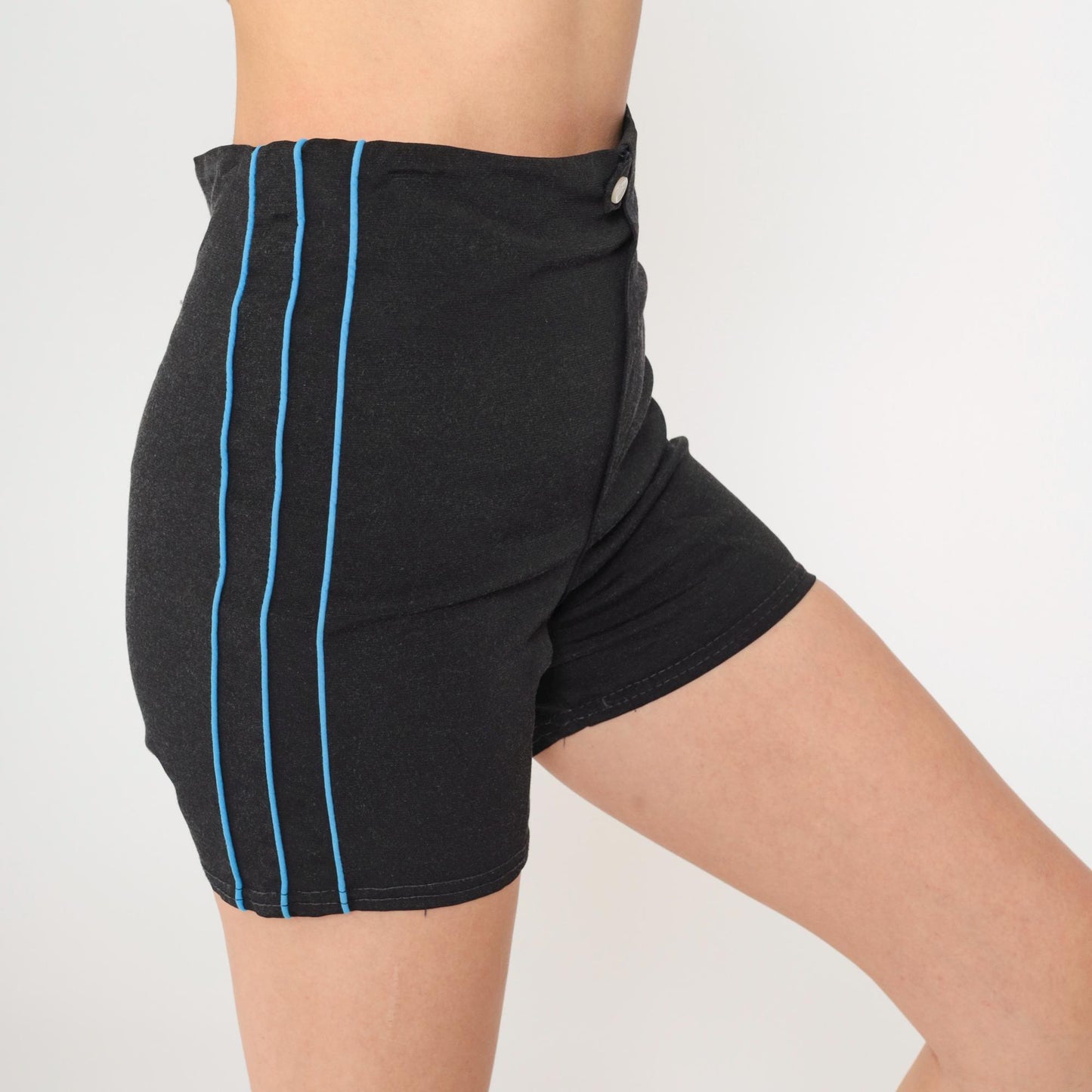 70s Black Athletic Shorts High Waist Mesh Lined Blue Stripe Small