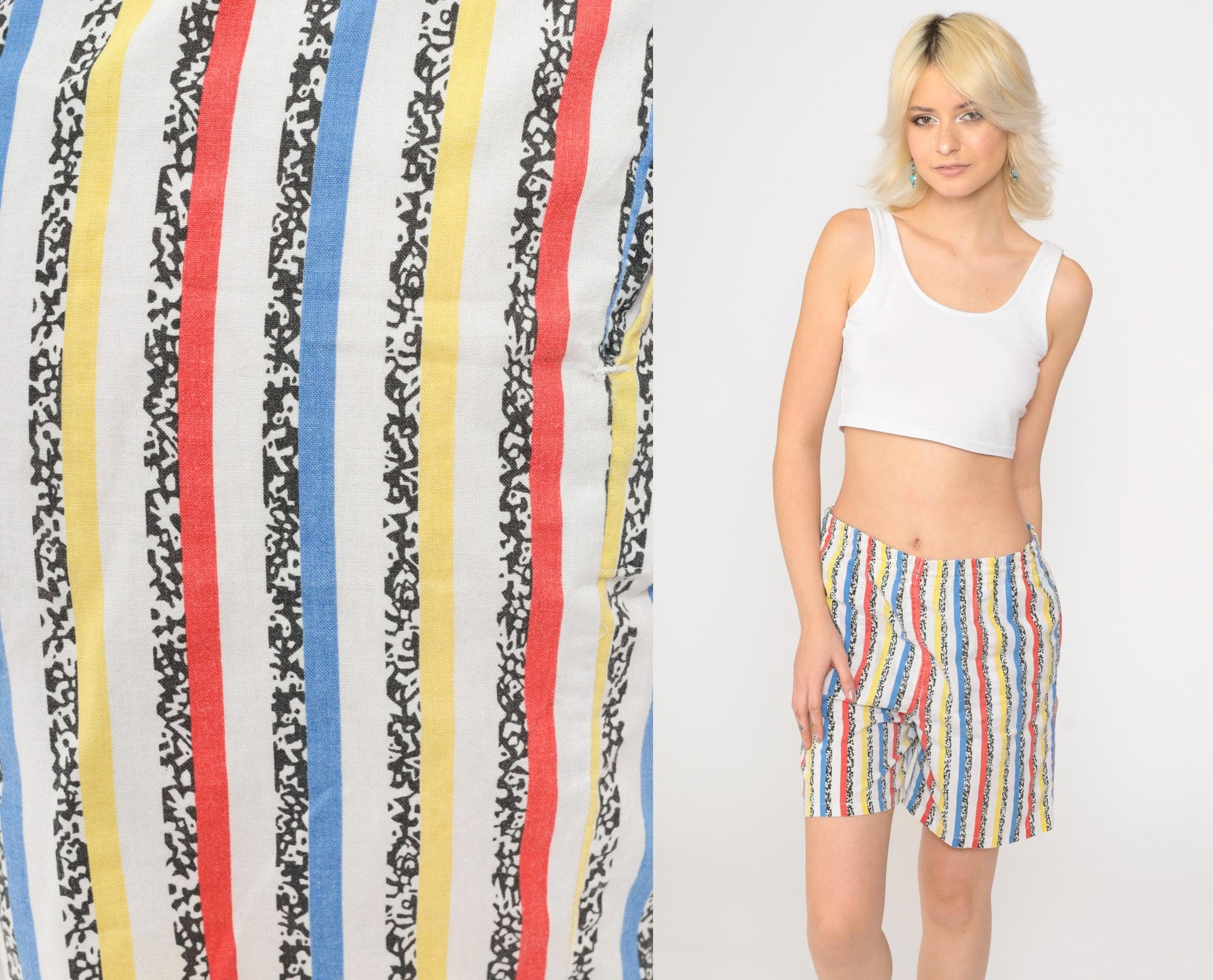 90s Striped Shorts Red Yellow White Elastic Waist Cotton Blend Small