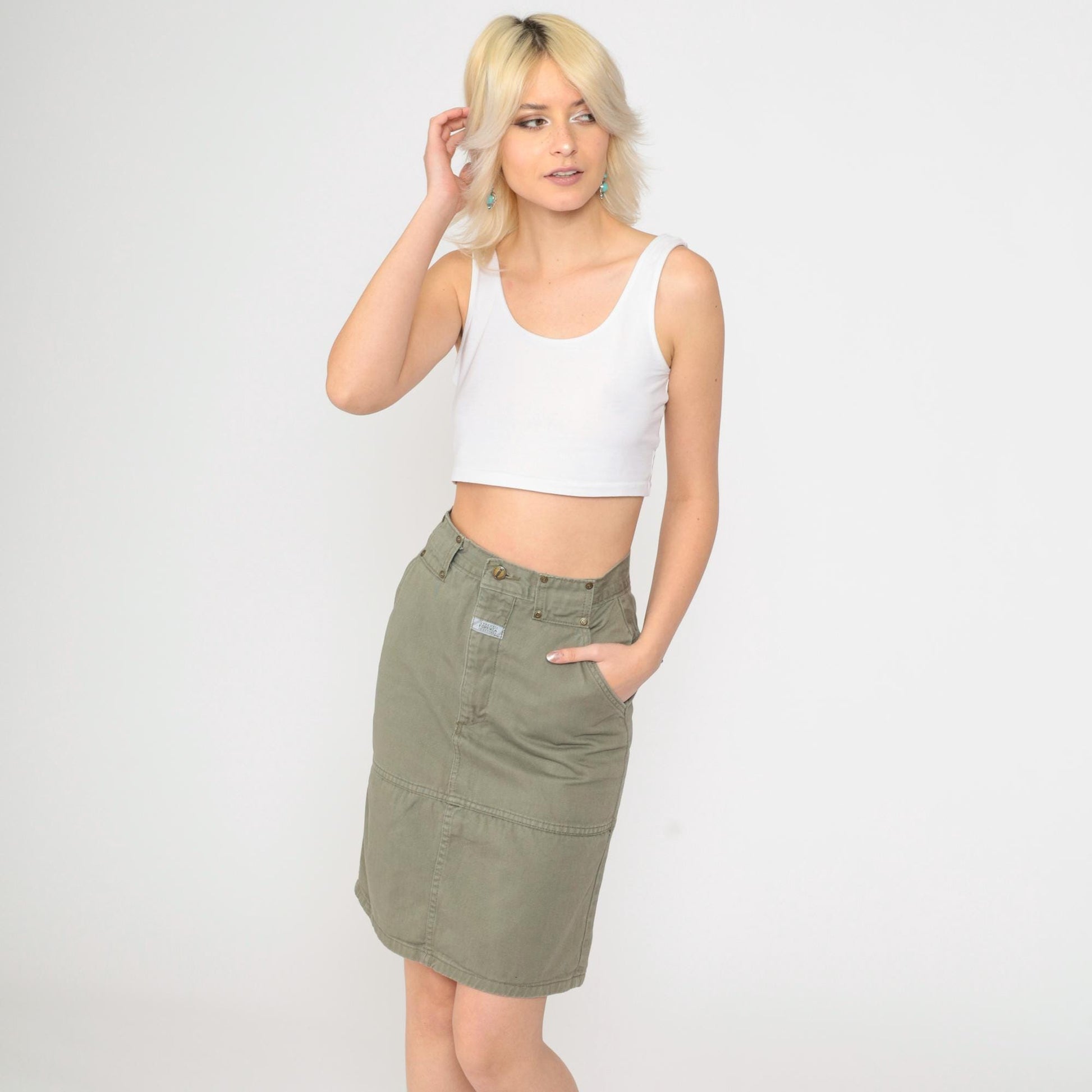 90s Forenza Olive Cargo Mini Skirt High Waist Cotton Utility Small 4