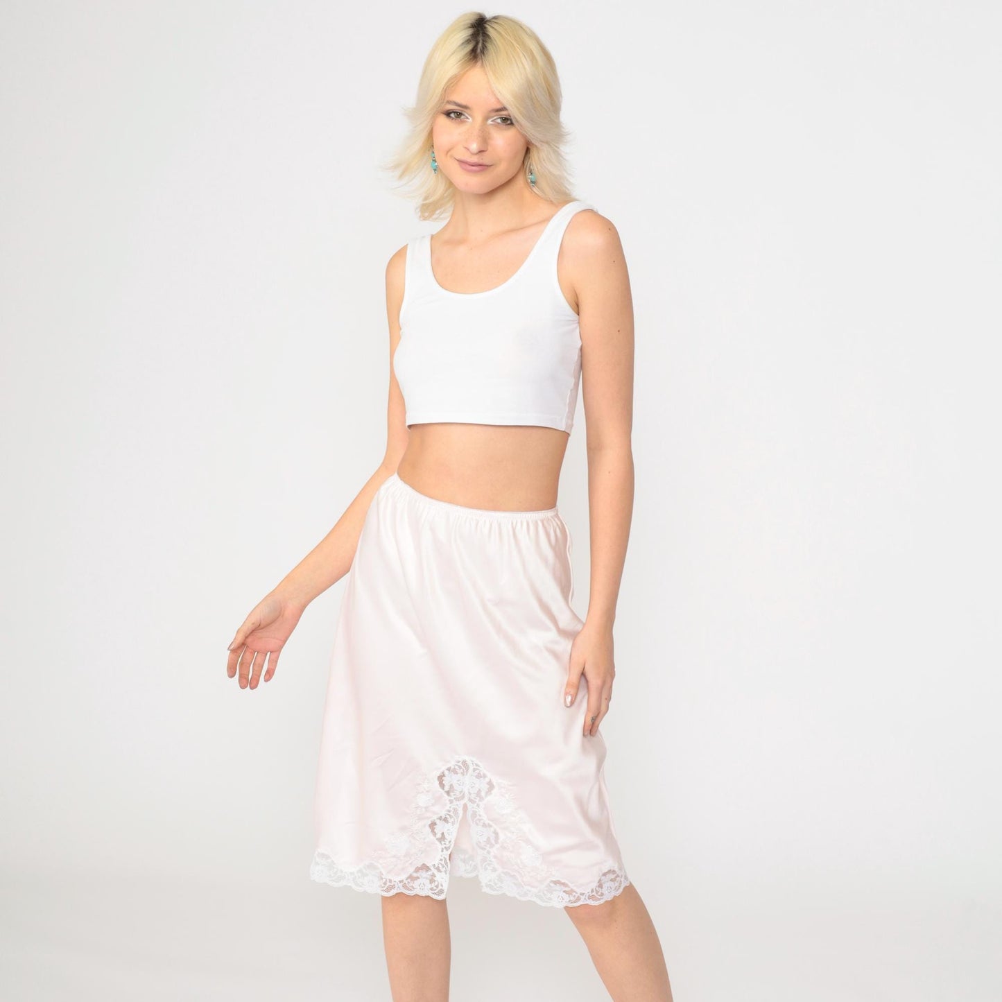 80s Pink Slip Skirt Lace Floral Embroidered Elastic Waist Small