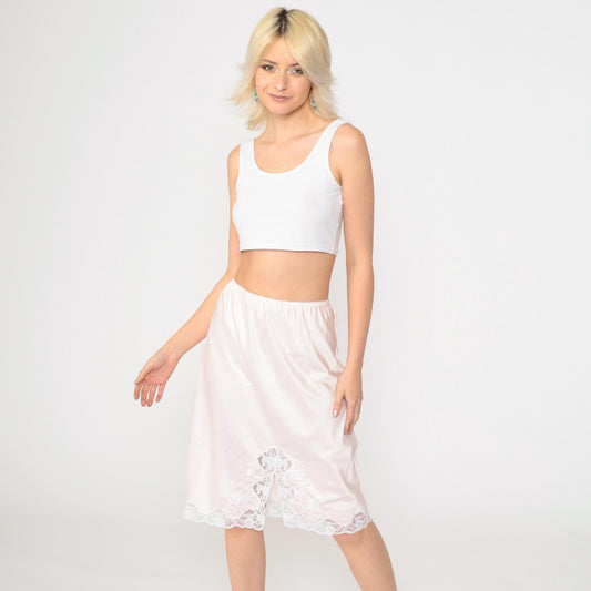 80s Pink Slip Skirt Lace Floral Embroidered Elastic Waist Small