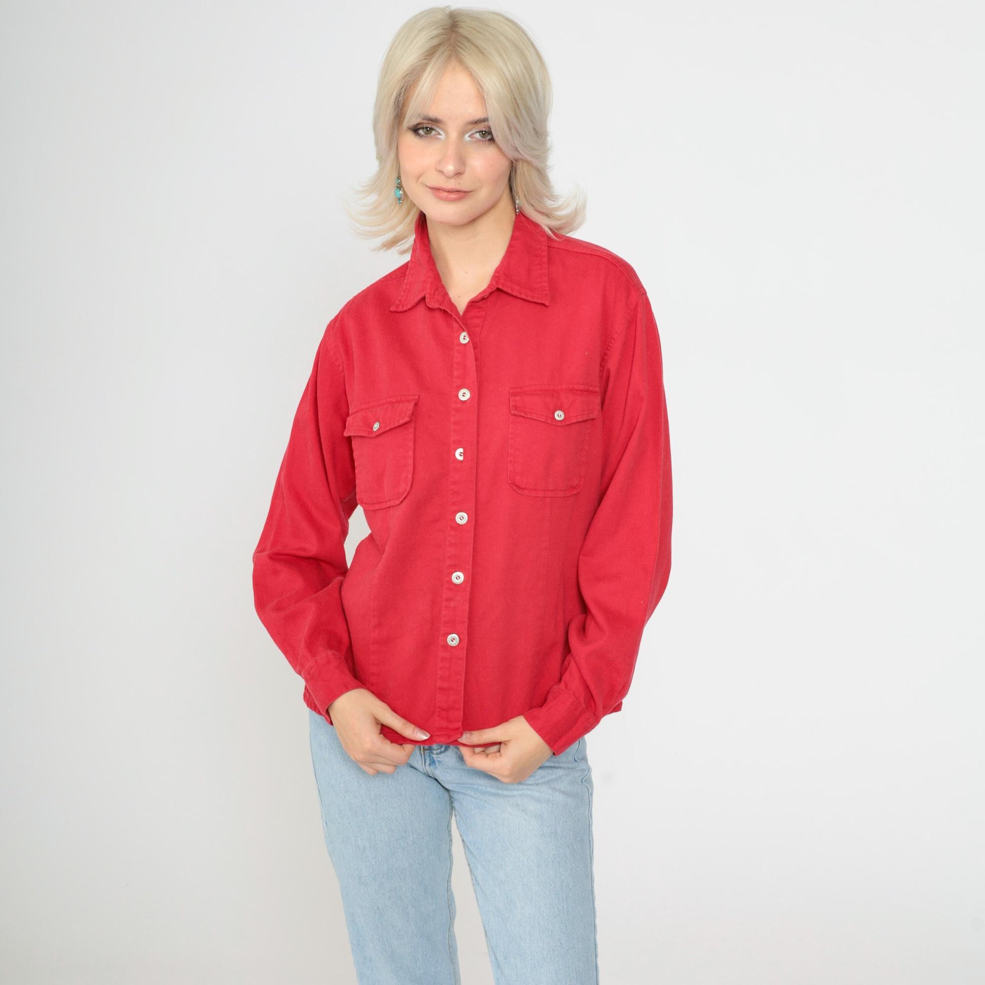 90s Faded Glory Red Button Up Shirt Long Sleeve Chest Pocket Medium