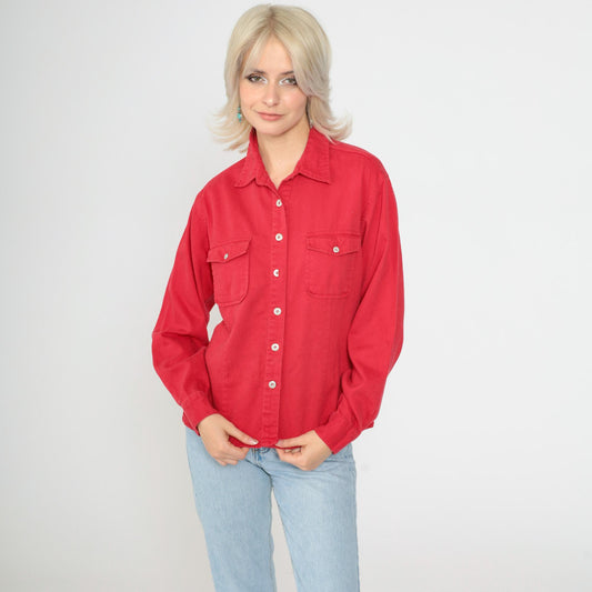90s Faded Glory Red Button Up Shirt Long Sleeve Chest Pocket Medium