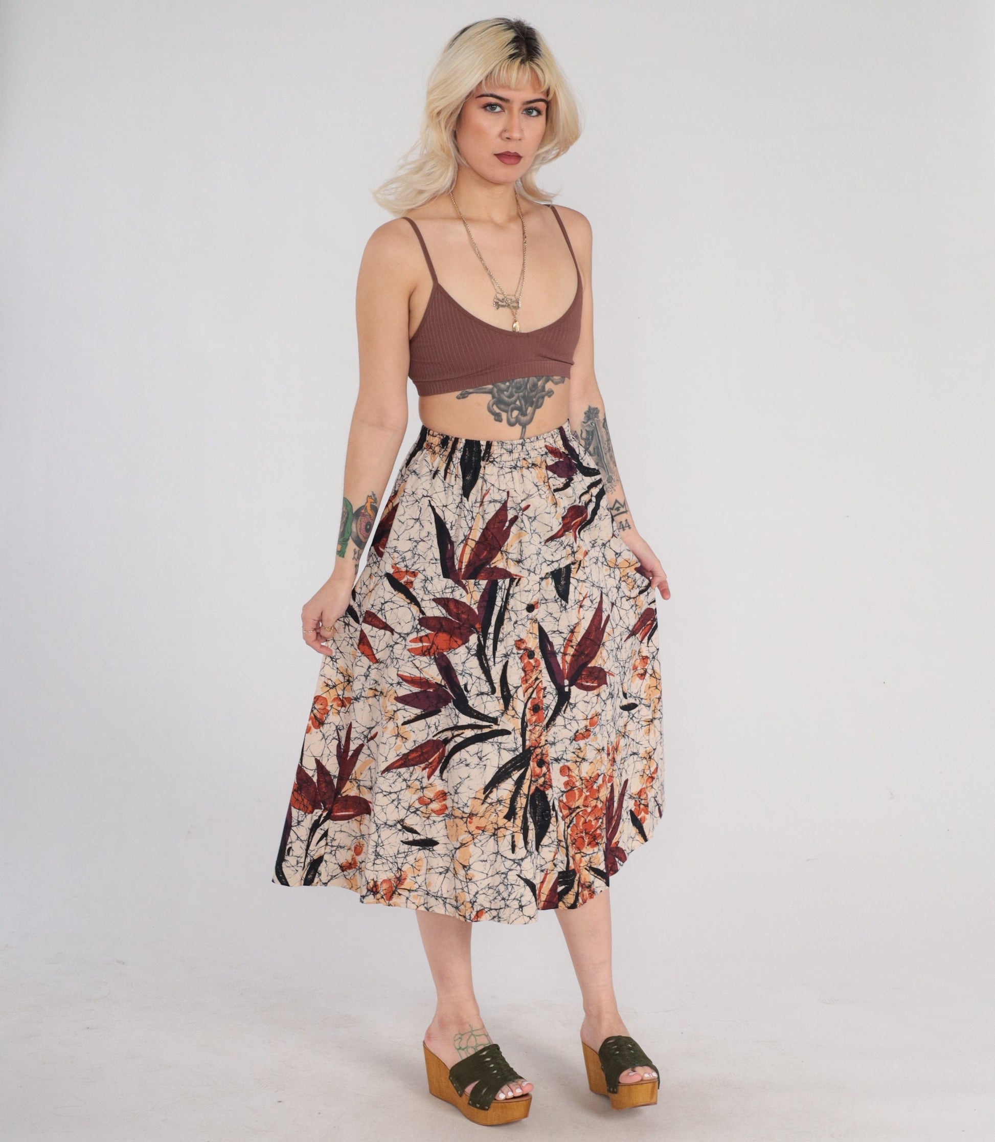 80s Tan Floral Leaf Print Midi Skirt Button Front High Waist Small Medium