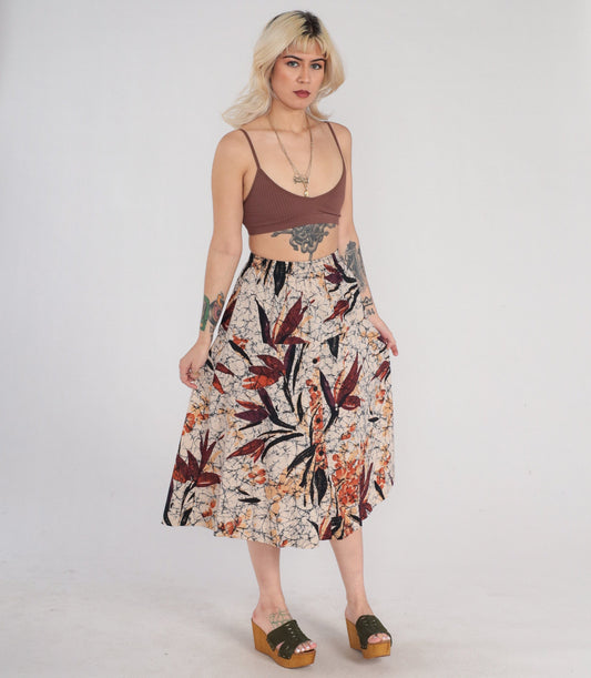 80s Tan Floral Leaf Print Midi Skirt Button Front High Waist Small Medium