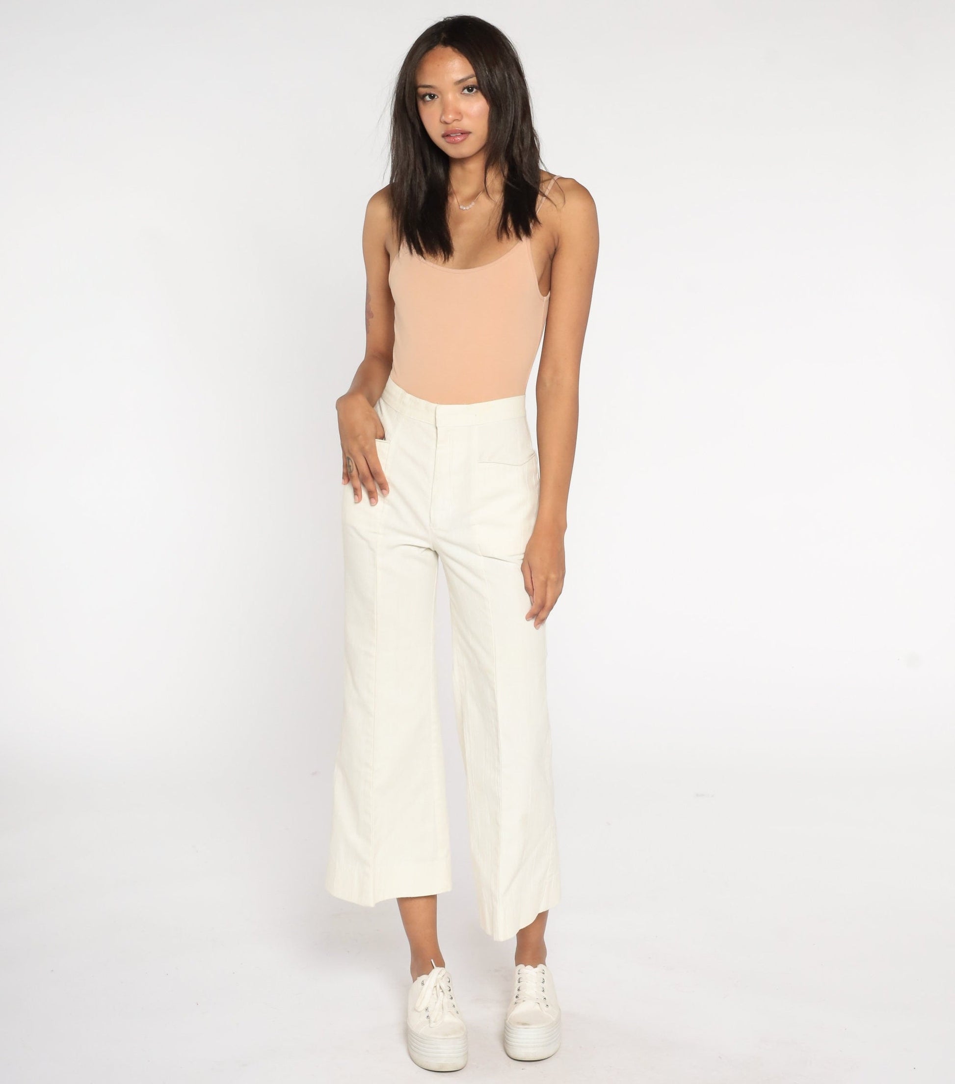 70s Bell Bottom Pants Off-White High Waist Cropped Ankle Trousers Extra Small XS