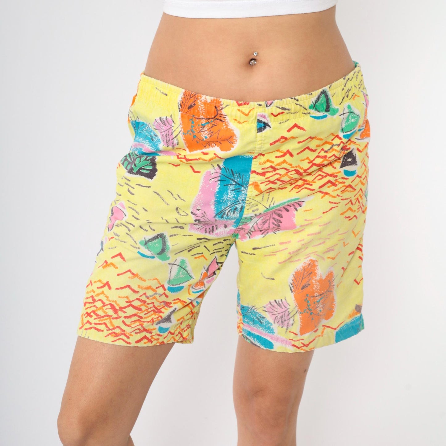 90s Yellow Nautical Abstract Sailboat Shorts High Waist Wide Leg Medium