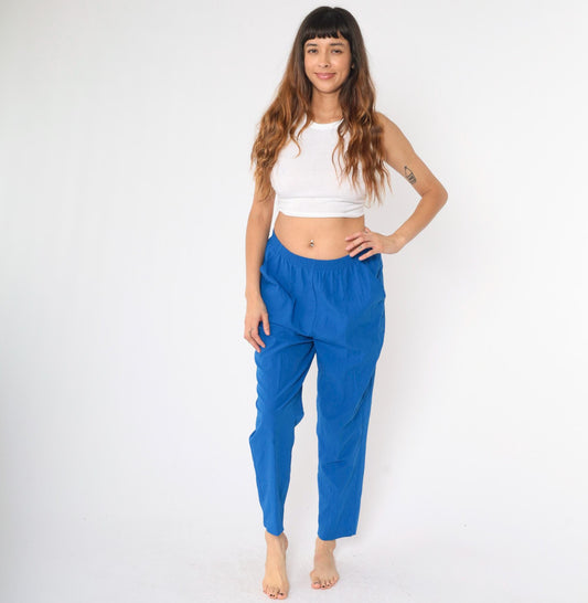 80s Blue Elastic Waist Tapered Trousers Pull-On Medium M