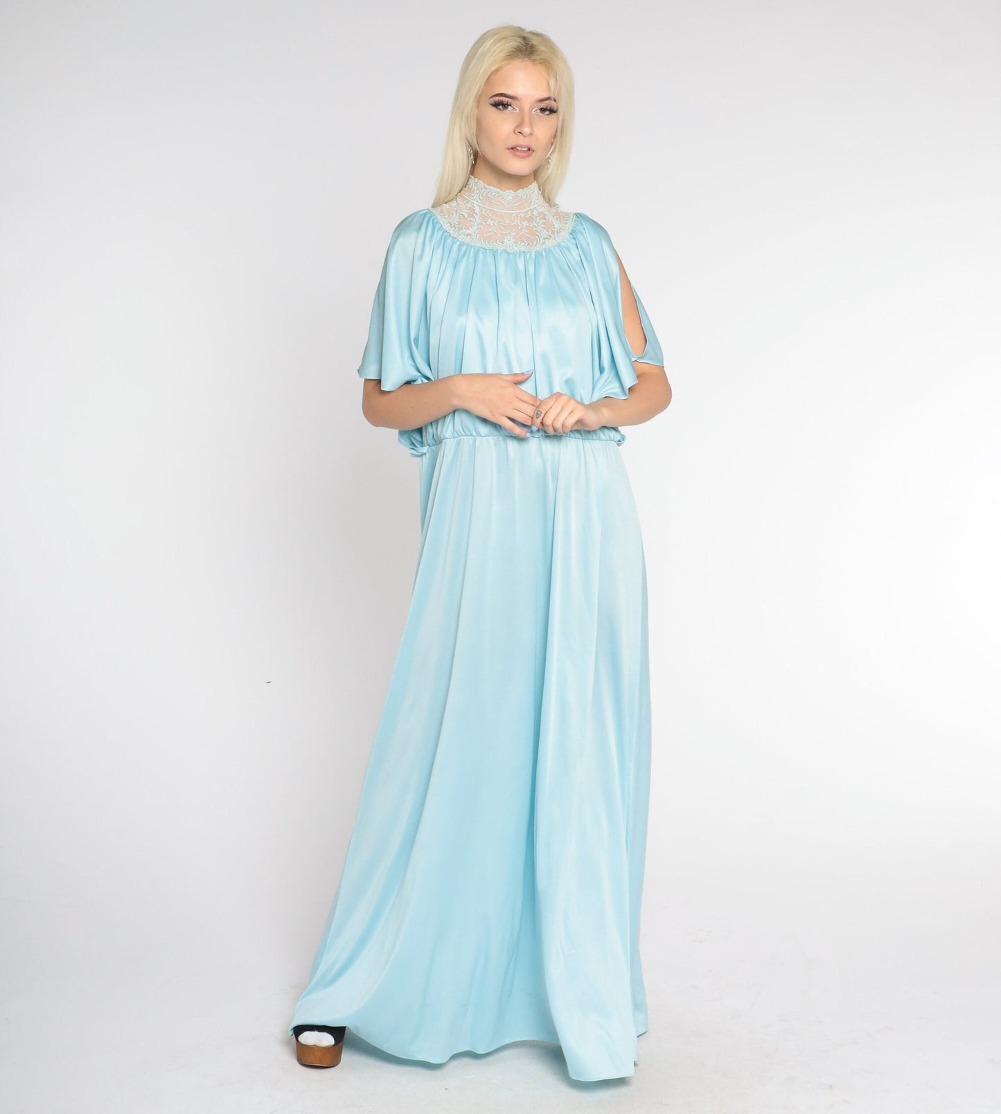 70s Blue Maxi Dress Grecian High Neck Embroidered Lace Split Sleeve Large
