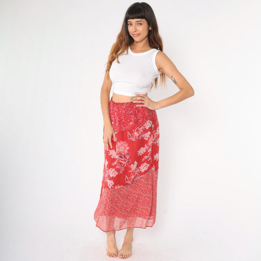 90s Red Floral Paisley Tiered Midi Skirt High Waist Side Zip Medium M