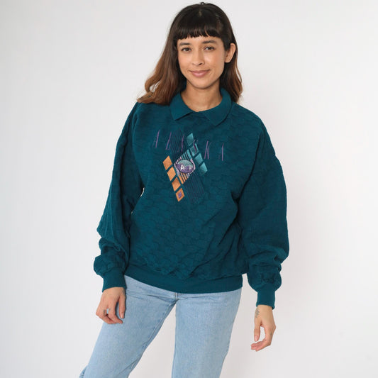 90s Alaska Wilderness Club Teal Sweatshirt Collared Cotton Large L