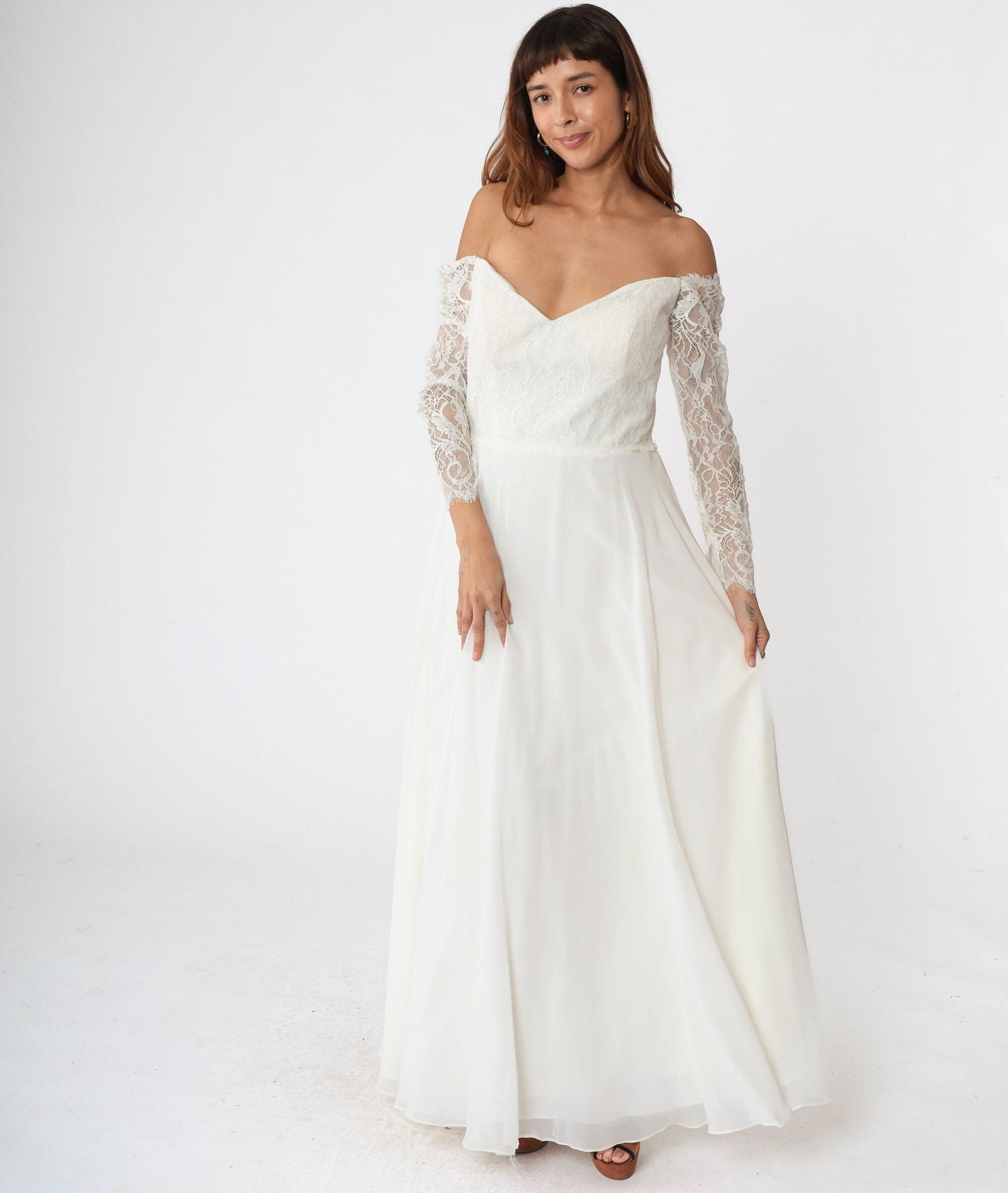 00s Christina Wu Wedding Dress Off-Shoulder Lace Chiffon Maxi White Large 14