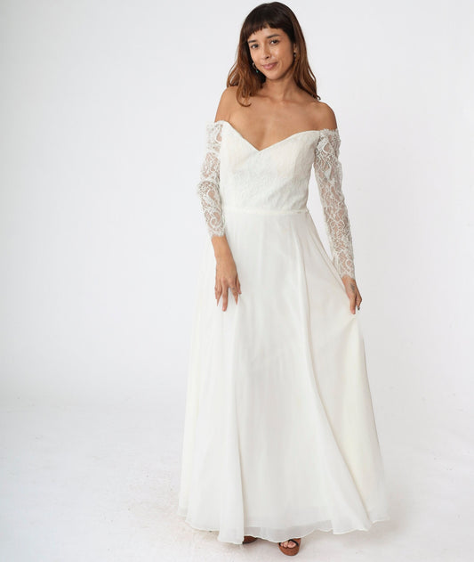 00s Christina Wu Wedding Dress Off-Shoulder Lace Chiffon Maxi White Large 14