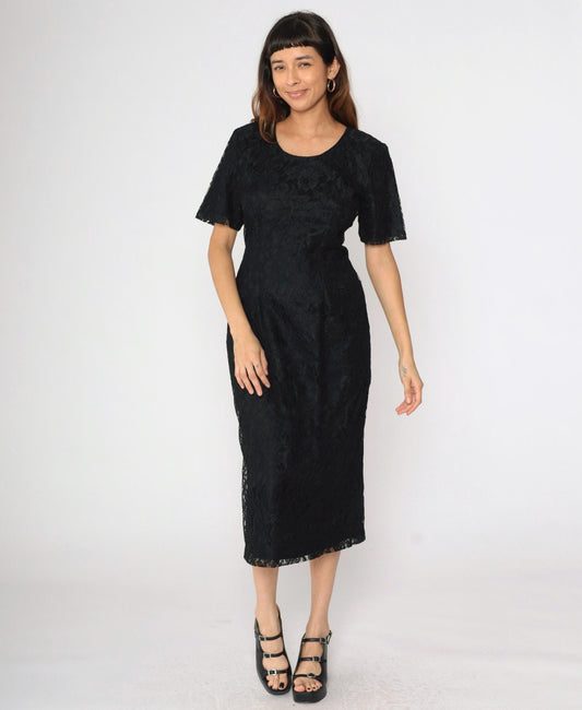 90s Black Lace Midi Dress Sheath Corset Lace-Up Back Short Sleeve Medium