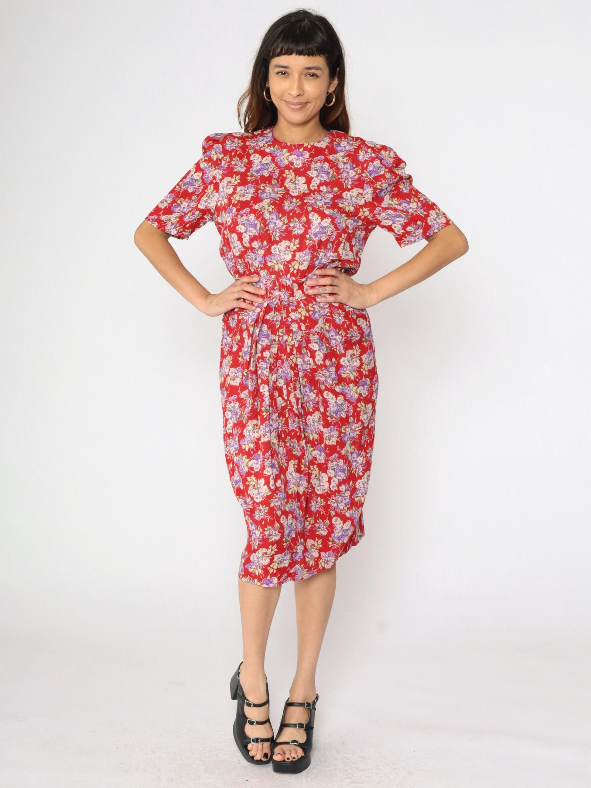 90s Karin Stevens Floral Midi Dress Red Puff Sleeve High Waist Medium 8