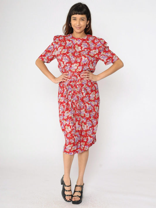 90s Karin Stevens Floral Midi Dress Red Puff Sleeve High Waist Medium 8